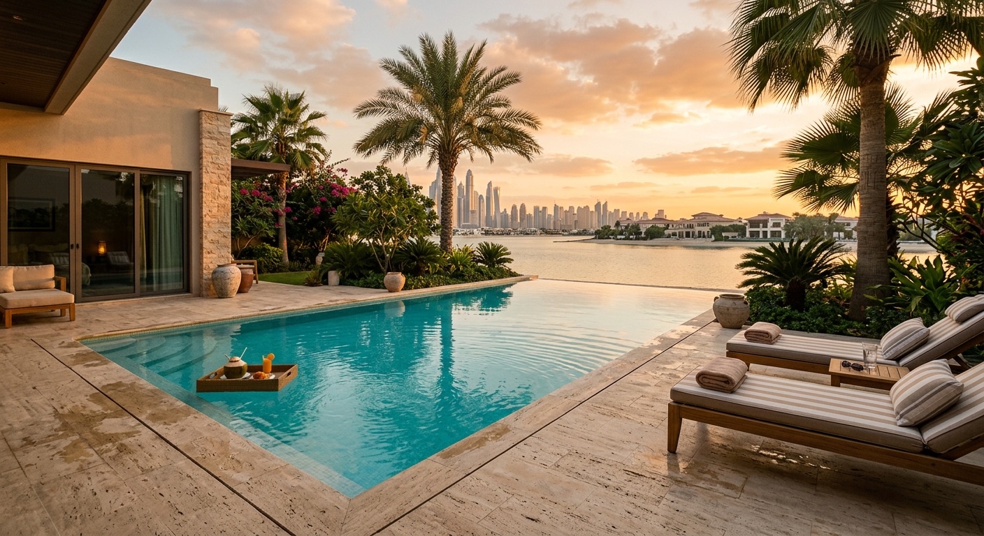 Palm Jumeirah villa infinity pool at golden hour
